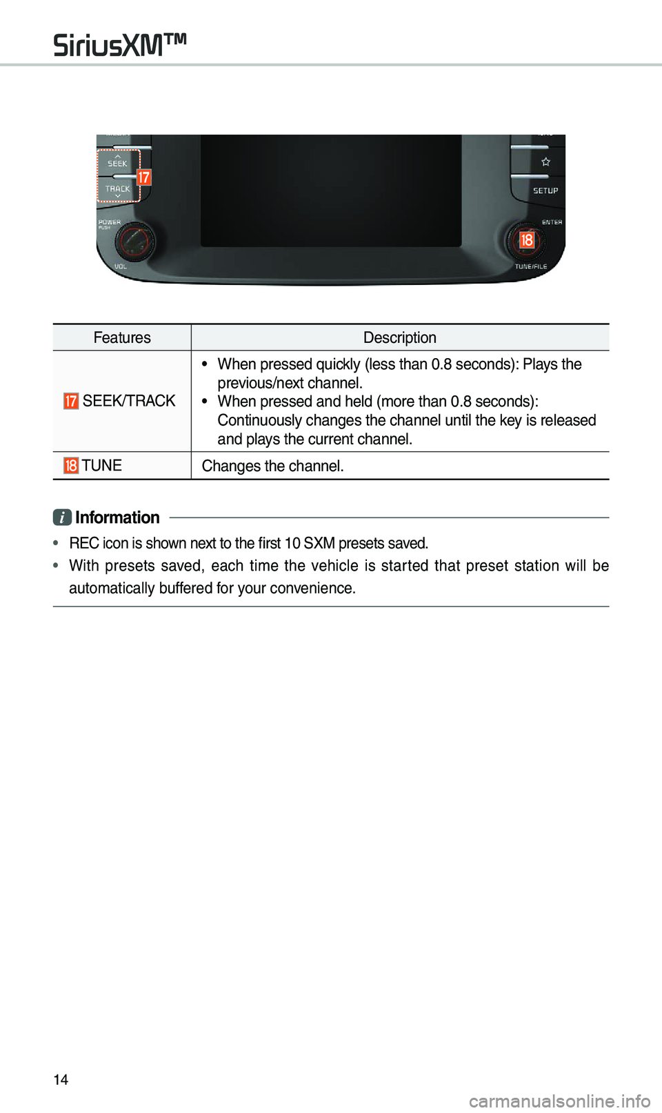 KIA SOUL 2019  Navigation System Quick Reference Guide 14
FeaturesDescription
 SEEK/TRACK
• When pressed quick\by (\bess than 0.8 \useconds): P\bays the 
previous/next channe\b.
• When pressed and h\ue\bd (\fore than 0.8 \useconds): 
Continuous\by cha