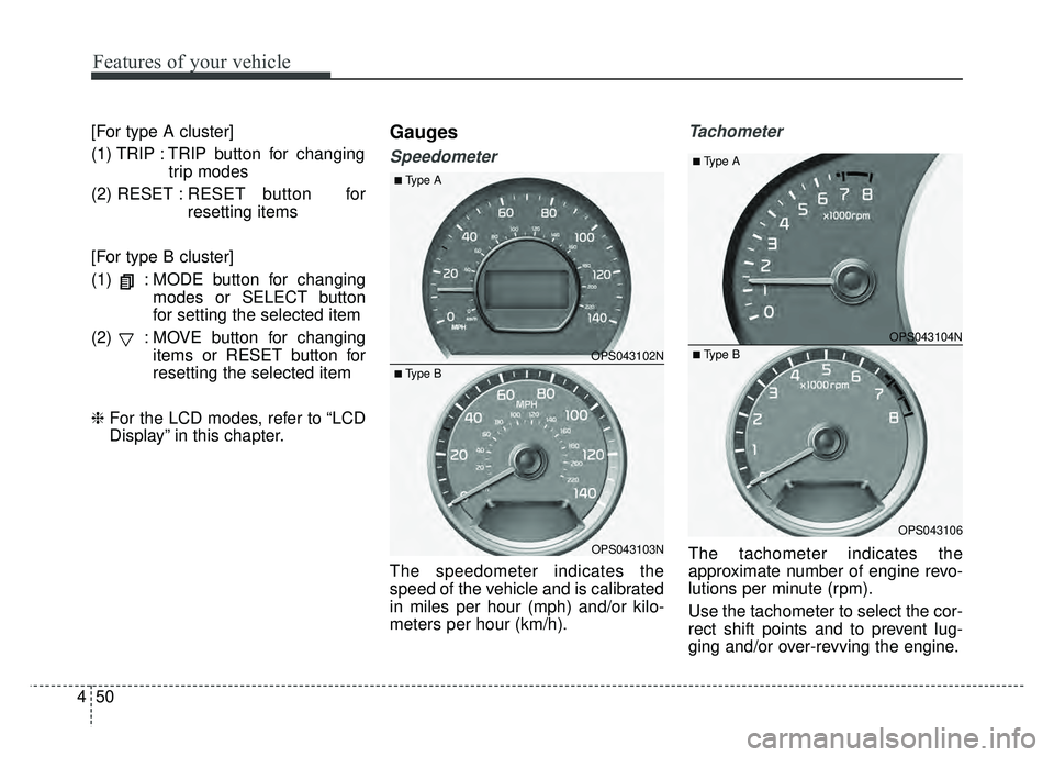 KIA SOUL 2018  Owners Manual Features of your vehicle
50
4
[For type A cluster]
(1) TRIP : TRIP button for changing
trip modes
(2) RESET : RESET button  for
resetting items
[For type B cluster]
(1)  : MODE button for changing mod