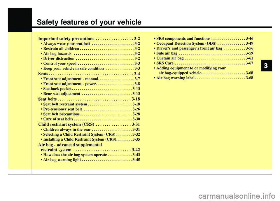 KIA SOUL 2018  Owners Manual Safety features of your vehicle
Important safety precautions . . . . . . . . . . . . . . . . . 3-2
• Always wear your seat belt  . . . . . . . . . . . . . . . . . . . . . 3-2
 . . . . . . . . . . . 