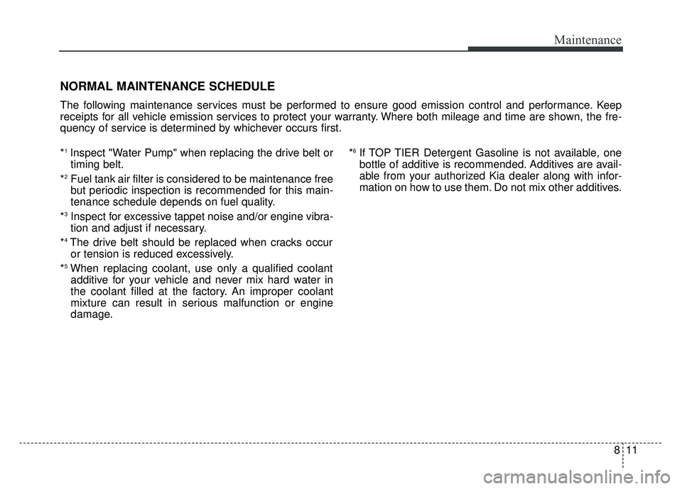 KIA SOUL 2018  Owners Manual 811
Maintenance
NORMAL MAINTENANCE SCHEDULE
The following maintenance services must be performed to ensure good emission control and performance. Keep
receipts for all vehicle emission services to pro