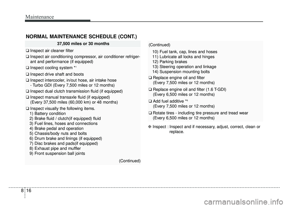 KIA SOUL 2018  Owners Manual Maintenance
16
8
37,500 miles or 30 months
❑ Inspect air cleaner filter
❑Inspect air conditioning compressor, air conditioner refriger-
ant and performance (if equipped)
❑ Inspect cooling system