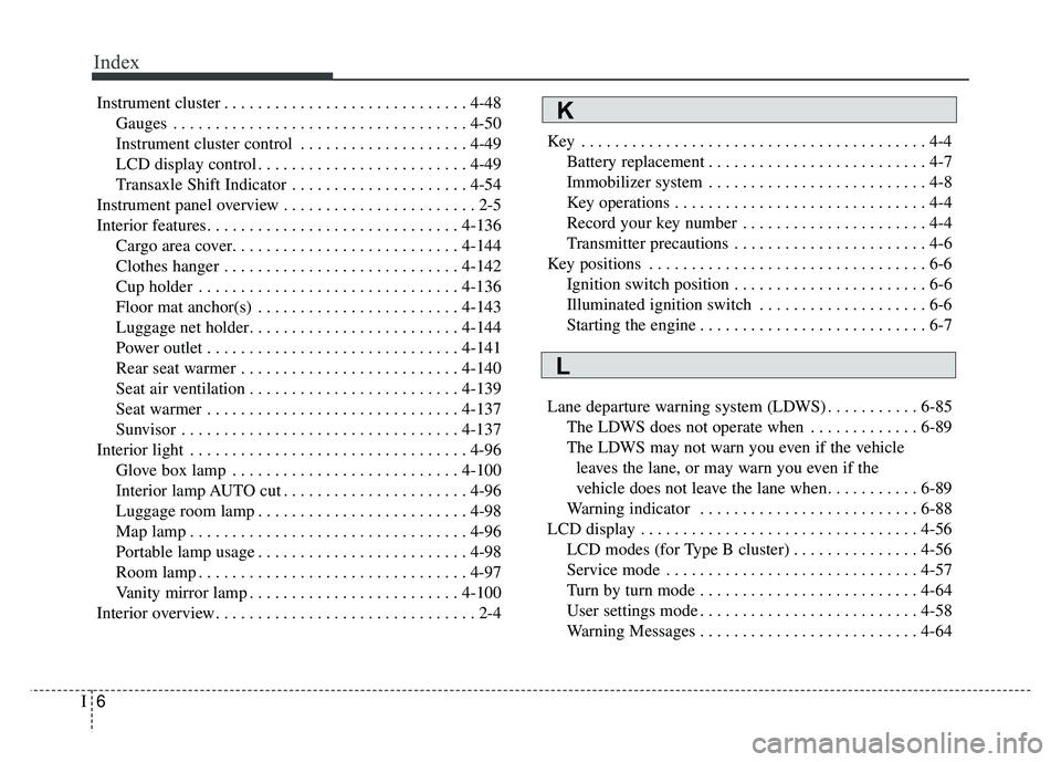 KIA SOUL 2018  Owners Manual Index
6I
Instrument cluster . . . . . . . . . . . . . . . . . . . . . . . . . . . . . 4-48Gauges . . . . . . . . . . . . . . . . . . . . . . . . . . . . . . . . . . . 4-\
50
Instrument cluster control