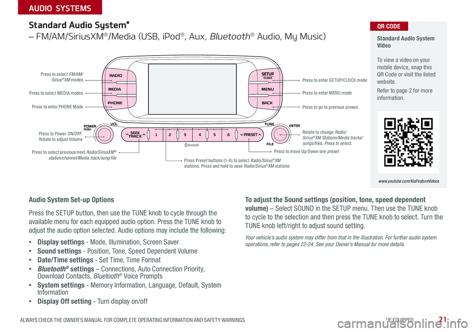 KIA SOUL 2018  Features and Functions Guide 21ALWAYS CHECK THE OWNER’S MANUAL FOR COMPLETE OPER ATING INFORMATION AND SAFET Y WARNINGS  *IF EQUIPPED 
AUDIO SYSTEMS
SETUPCLOCK
  Standard Audio System Video   To view a video on your mobile devi