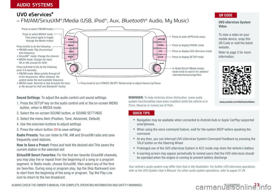 KIA SOUL 2018  Features and Functions Guide 23ALWAYS CHECK THE OWNER’S MANUAL FOR COMPLETE OPER ATING INFORMATION AND SAFET Y WARNINGS  *IF EQUIPPED 
AUDIO SYSTEMS
Press briefly to do the following:•   FM/AM mode: Play the previous/ next fr