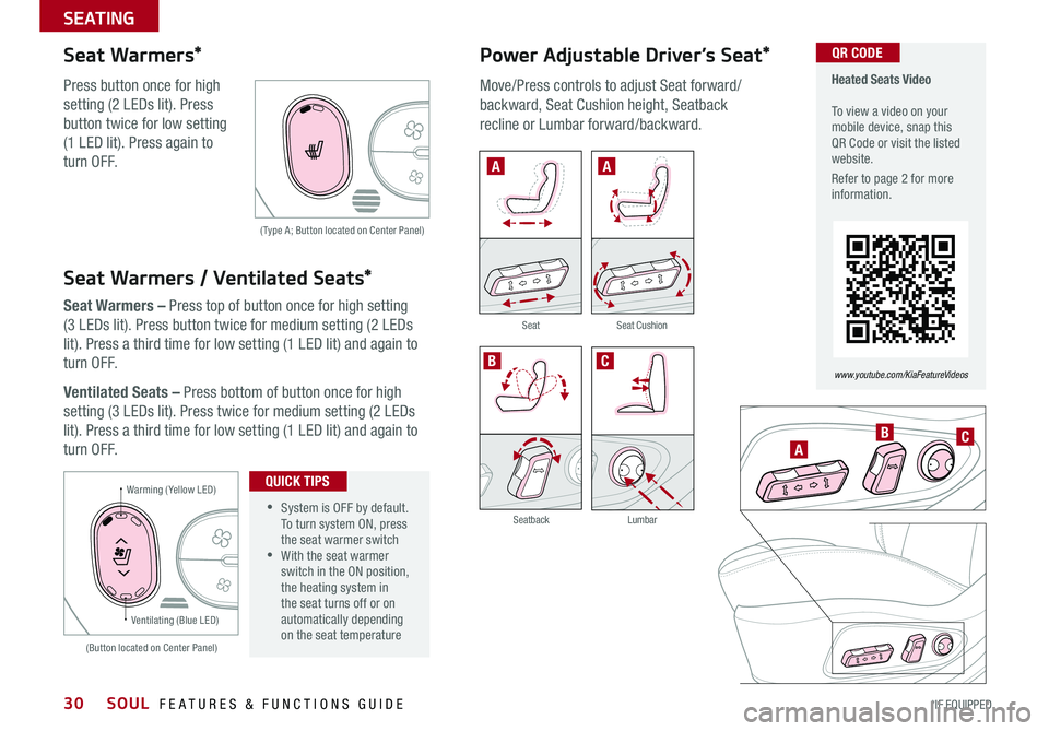 KIA SOUL 2018 Features and Functions Guide SOUL FEATURES & FUNCTIONS GUIDE30*IF EQUIPPED
SEATING
Warming ( Yellow LED)
( Type A; Button located on Center Panel)
(Button located on Center Panel)
Ventilating (Blue LED)
A
AA
BC
BC
SeatbackLu KIA SOUL 2018 Features and Functions Guide SOUL FEATURES & FUNCTIONS GUIDE30*IF EQUIPPED
SEATING
Warming ( Yellow LED)
( Type A; Button located on Center Panel)
(Button located on Center Panel)
Ventilating (Blue LED)
A
AA
BC
BC
SeatbackLu