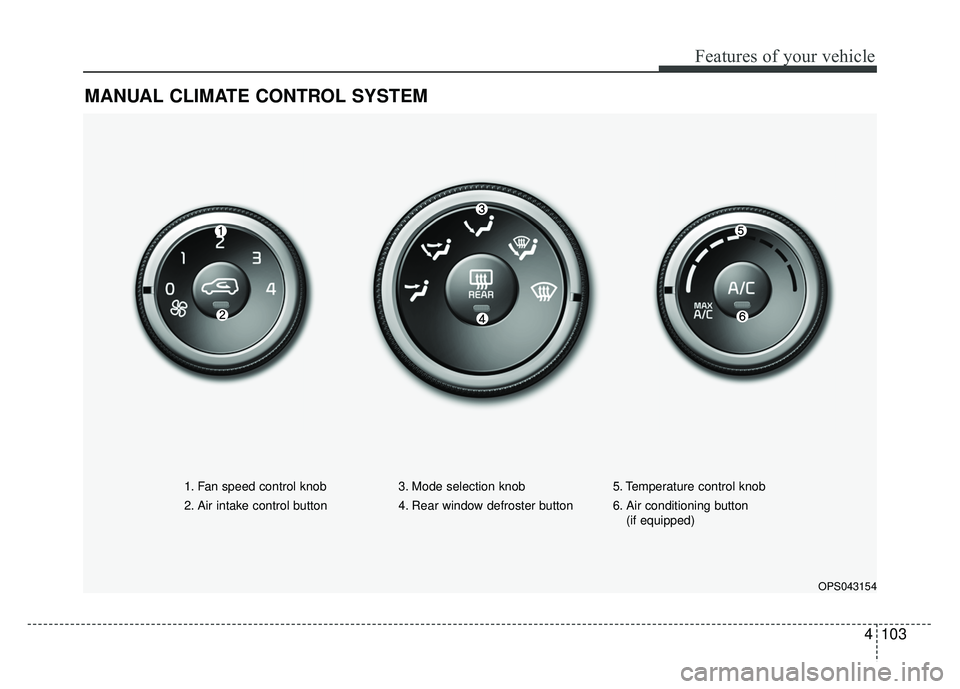 KIA SOUL 2017  Owners Manual 4103
Features of your vehicle
MANUAL CLIMATE CONTROL SYSTEM 
OPS043154
1. Fan speed control knob
2. Air intake control button 3. Mode selection knob
4. Rear window defroster button5. Temperature contr