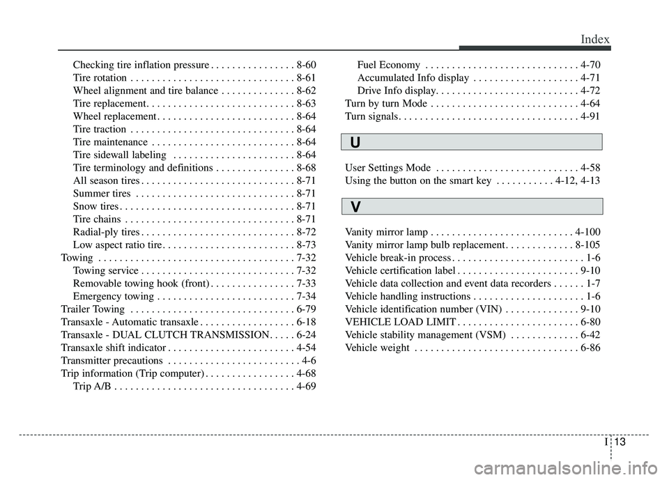 KIA SOUL 2017  Owners Manual I13
Index
Checking tire inflation pressure . . . . . . . . . . . . . . . . 8-60
Tire rotation . . . . . . . . . . . . . . . . . . . . . . . . . . . . . . . 8-61
Wheel alignment and tire balance . . . 