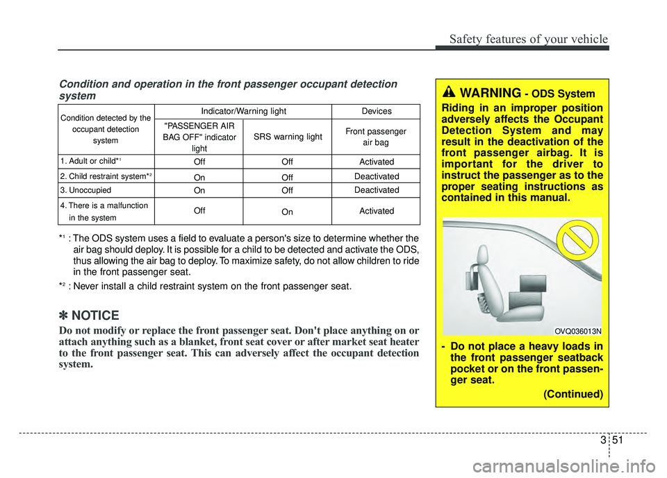 KIA SOUL 2017  Owners Manual 351
Safety features of your vehicle
WARNING- ODS System
Riding in an improper position
adversely affects the Occupant
Detection System and may
result in the deactivation of the
front passenger airbag.