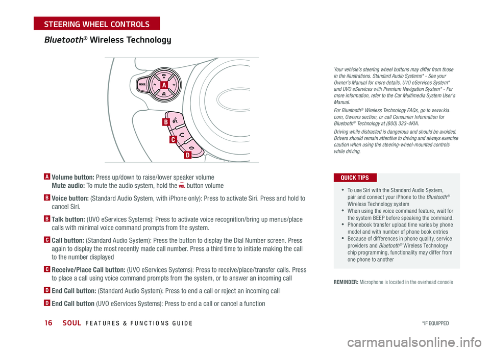 KIA SOUL 2017  Features and Functions Guide 16
A  Volume button: Press up/down to raise/lower speaker volume 
Mute audio: To mute the audio system, hold the  button volume
B  Voice button: (Standard Audio System, with iPhone only): Press to act
