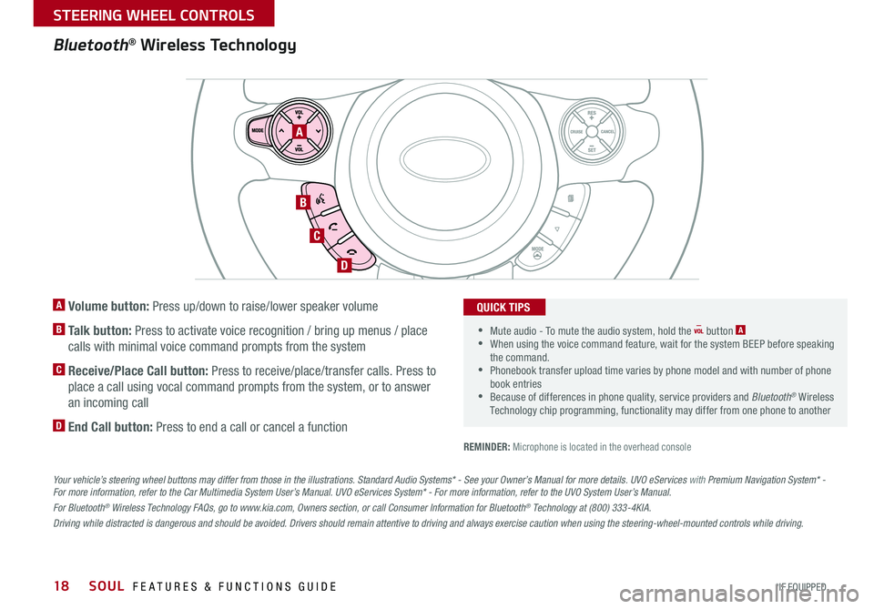 KIA SOUL 2016  Features and Functions Guide 18
A  Volume button:  Press up/down to raise/lower speaker volume
B   Talk  button:  Press to activate voice recognition / bring up menus / place 
calls with minimal voice command prompts from the sys