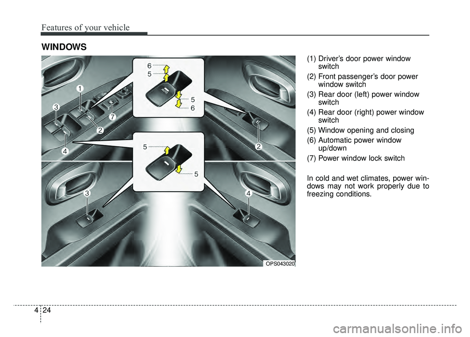 KIA SOUL 2015  Owners Manual Features of your vehicle
24
4
(1) Driver’s door power window
switch
(2) Front passenger’s door power window switch
(3) Rear door (left) power window switch
(4) Rear door (right) power window switc