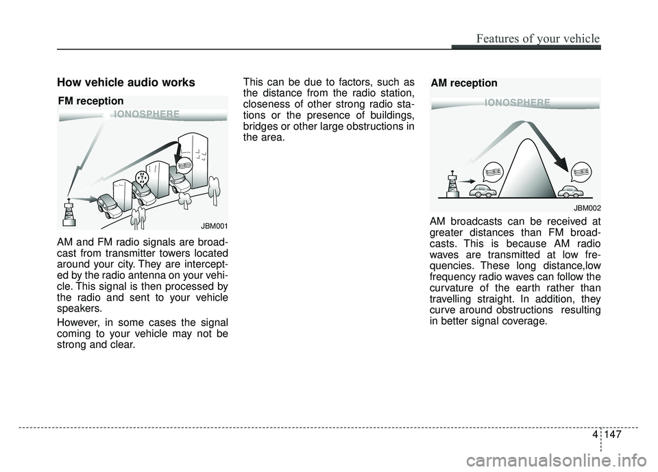 KIA SOUL 2015  Owners Manual How vehicle audio works
AM and FM radio signals are broad-
cast from transmitter towers located
around your city. They are intercept-
ed by the radio antenna on your vehi-
cle. This signal is then pro