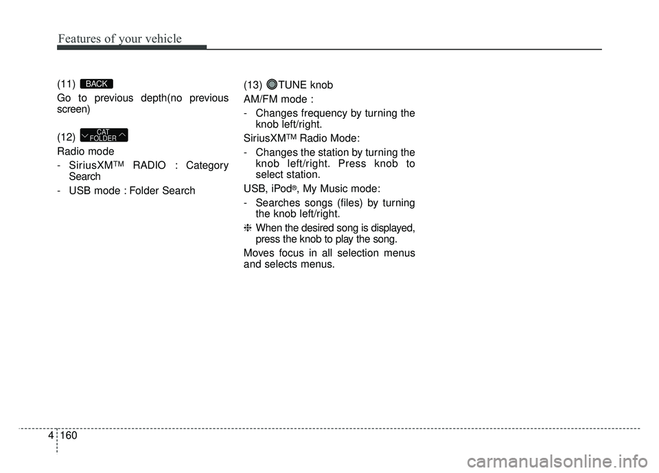 KIA SOUL 2015  Owners Manual Features of your vehicle
160
4
(11) 
Go to previous depth(no previous
screen)
(12) 
Radio mode
- SiriusXM
TMRADIO : Category
Search
- USB mode : Folder Search (13) TUNE knob
AM/FM mode :
- Changes fre