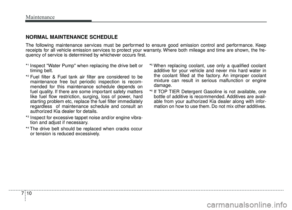 KIA SOUL 2015 Owners Manual Maintenance
10
7
NORMAL MAINTENANCE SCHEDULE
The following maintenance services must be performed to ensure good emission control and performance. Keep
receipts for all vehicle emission services to pr KIA SOUL 2015 Owners Manual Maintenance
10
7
NORMAL MAINTENANCE SCHEDULE
The following maintenance services must be performed to ensure good emission control and performance. Keep
receipts for all vehicle emission services to pr