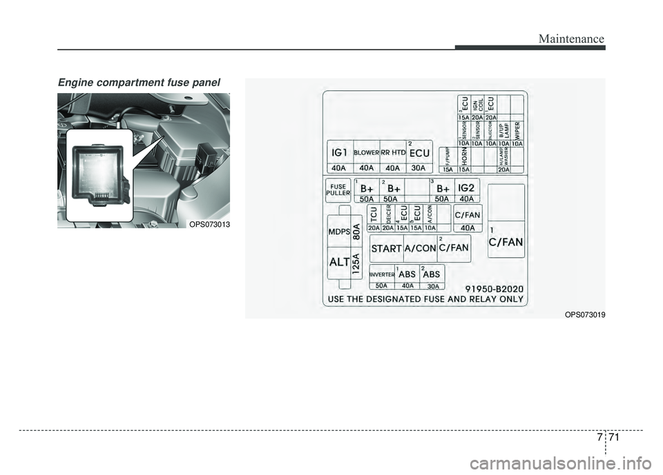 KIA SOUL 2015  Owners Manual 771
Maintenance
Engine compartment fuse panel
OPS073013
OPS073019 