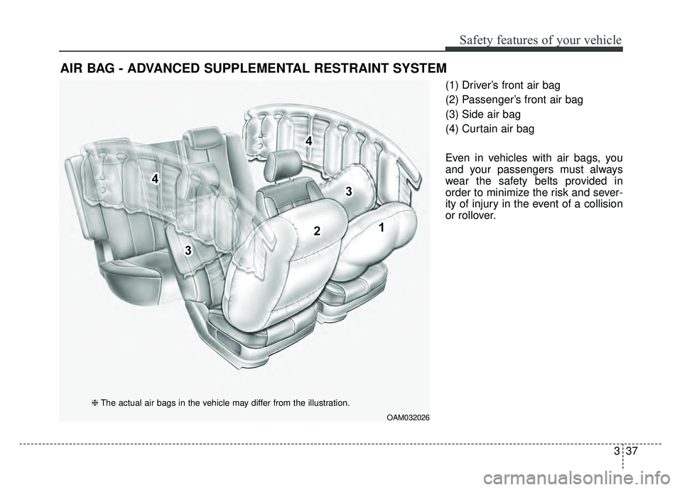 KIA SOUL 2015  Owners Manual 337
Safety features of your vehicle
(1) Driver’s front air bag
(2) Passenger’s front air bag
(3) Side air bag
(4) Curtain air bag
Even in vehicles with air bags, you
and your passengers must alway