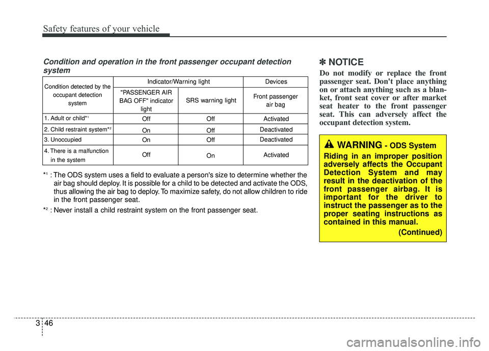 KIA SOUL 2015 Owners Manual Safety features of your vehicle
46
3
WARNING- ODS System
Riding in an improper position
adversely affects the Occupant
Detection System and may
result in the deactivation of the
front passenger airbag KIA SOUL 2015 Owners Manual Safety features of your vehicle
46
3
WARNING- ODS System
Riding in an improper position
adversely affects the Occupant
Detection System and may
result in the deactivation of the
front passenger airbag