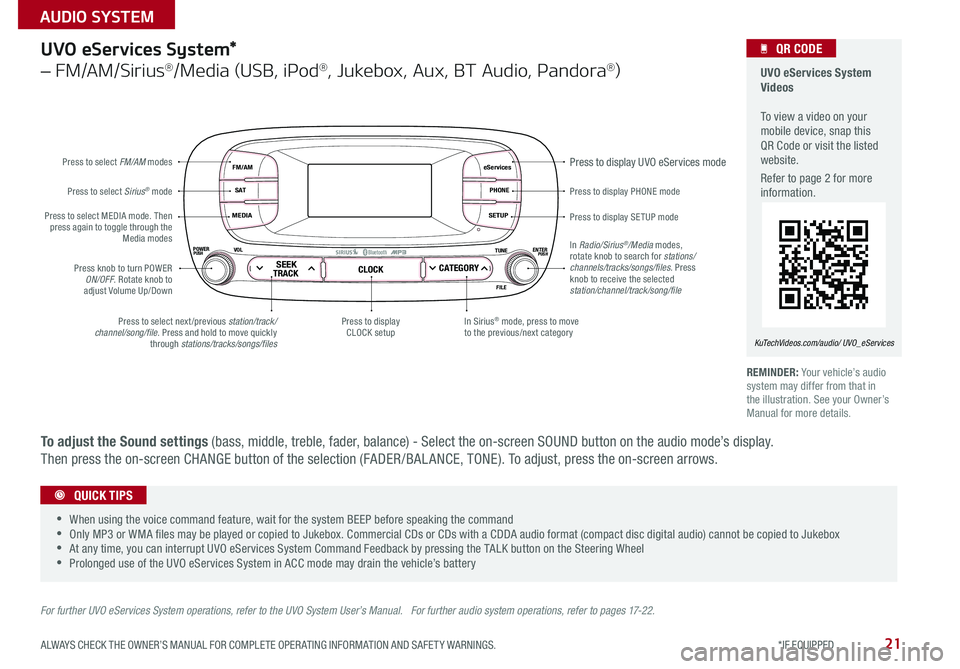 KIA SOUL 2015  Features and Functions Guide 21
eServices
PHONE
SETUP
SEEKTRACKCLOCKCATEGORY
VOLPOWERPUSHPUSHENTERTUNE
FILE
B
luetooth®
FM/AM
S AT
MEDIA
Press to display PHONE mode
Press to display SE TUP mode
Press to display UVO eServices mod