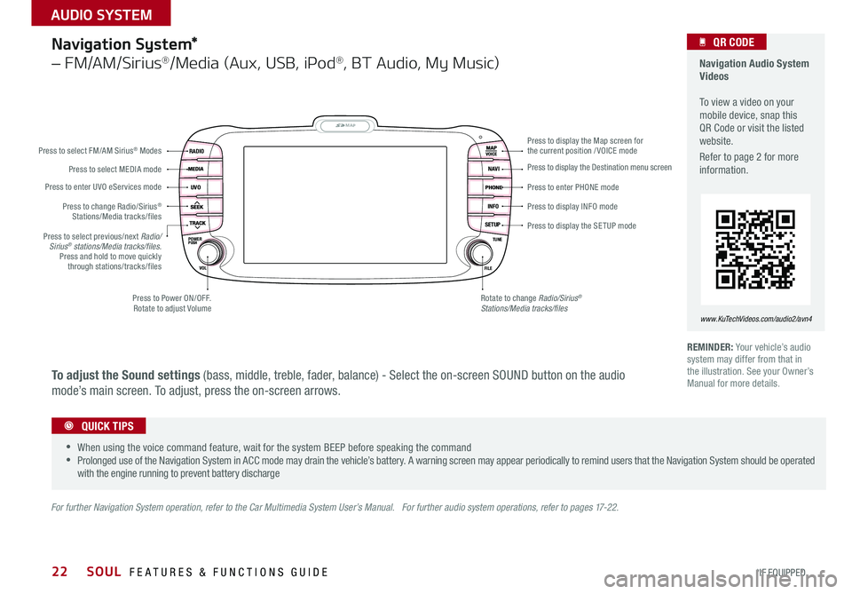 KIA SOUL 2015  Features and Functions Guide 22
Navigation System* 
– FM/AM/Sirius®/Media (Aux, USB, iPod®, BT Audio, My Music)
MAP
UVO
RADIO
NAVI
INFO
SETUPPOWERVOL TUNE
FILEPUSH
VOICE
Press to Power ON/OFF   Rotate to adjust Volume
Press t