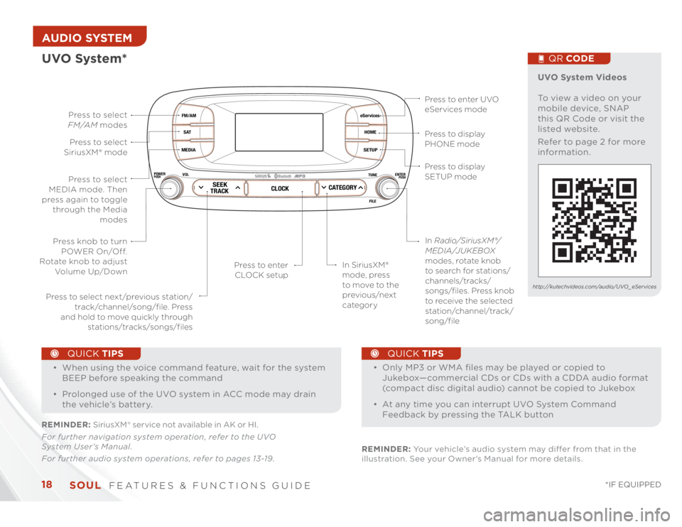 KIA SOUL 2014  Features and Functions Guide SOUL  
FEATURES & FUNCTIONS GUIDE
18
*IF EQUIPPED 
AUDIO SYSTEM 
eServicesHOMESETUP
SEEKTRACKCLOCK
CATEGORY
VOL
POWERPUSH
PUSHENTER
TUNEFILE
Bluetooth
®
FM/AMSATMEDIA
O
OOnly MP3 or WMA ﬁles 