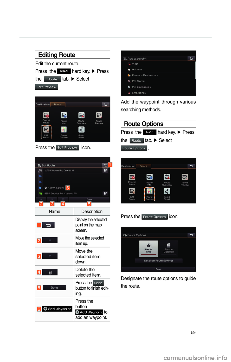 KIA SOUL 2014  Navigation System Quick Reference Guide 59
Editing Route
Edit the current route.
Press  the 
NAVI  hard key.  ▶
 Press 
the  
Route tab.  ▶
 Select  
Edit Preview .
Press the Edit Preview  icon.
Name Description
 Display the selected 
p