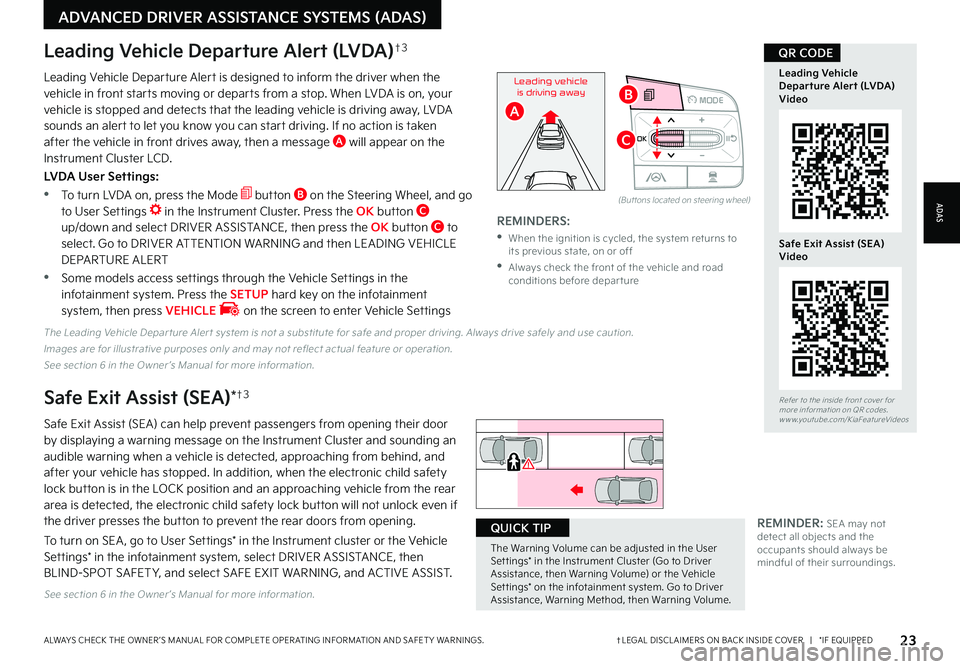 KIA SORENTO PHEV 2023  Features and Functions Guide 23†LEGAL DISCL AIMERS ON BACK INSIDE COVER   |   *IF EQUIPPEDALWAYS CHECK THE OWNER ’S MANUAL FOR COMPLETE OPER ATING INFORMATION AND SAFET Y WARNINGS  
ADVANCED DRIVER ASSISTANCE SYSTEMS (ADAS)
O