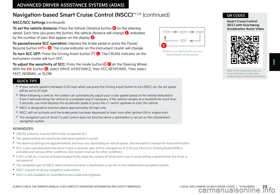 KIA SORENTO PHEV 2023  Features and Functions Guide 25†LEGAL DISCL AIMERS ON BACK INSIDE COVER   |   *IF EQUIPPEDALWAYS CHECK THE OWNER ’S MANUAL FOR COMPLETE OPER ATING INFORMATION AND SAFET Y WARNINGS  
ADVANCED DRIVER ASSISTANCE SYSTEMS (ADAS)
 