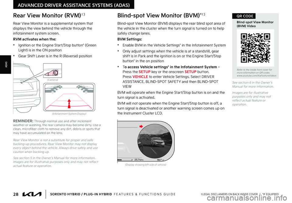 KIA SORENTO PHEV 2023 Features and Functions Guide 28†LEGAL DISCL AIMERS ON BACK INSIDE COVER | *IF EQUIPPEDSORENTO HYBRID / PLUG-IN HYBRID FEATURES & FUNCTIONS GUIDE
Rear View Monitor (RVM)†3
Rear View Monitor is a supplemental system that d KIA SORENTO PHEV 2023 Features and Functions Guide 28†LEGAL DISCL AIMERS ON BACK INSIDE COVER | *IF EQUIPPEDSORENTO HYBRID / PLUG-IN HYBRID FEATURES & FUNCTIONS GUIDE
Rear View Monitor (RVM)†3
Rear View Monitor is a supplemental system that d
