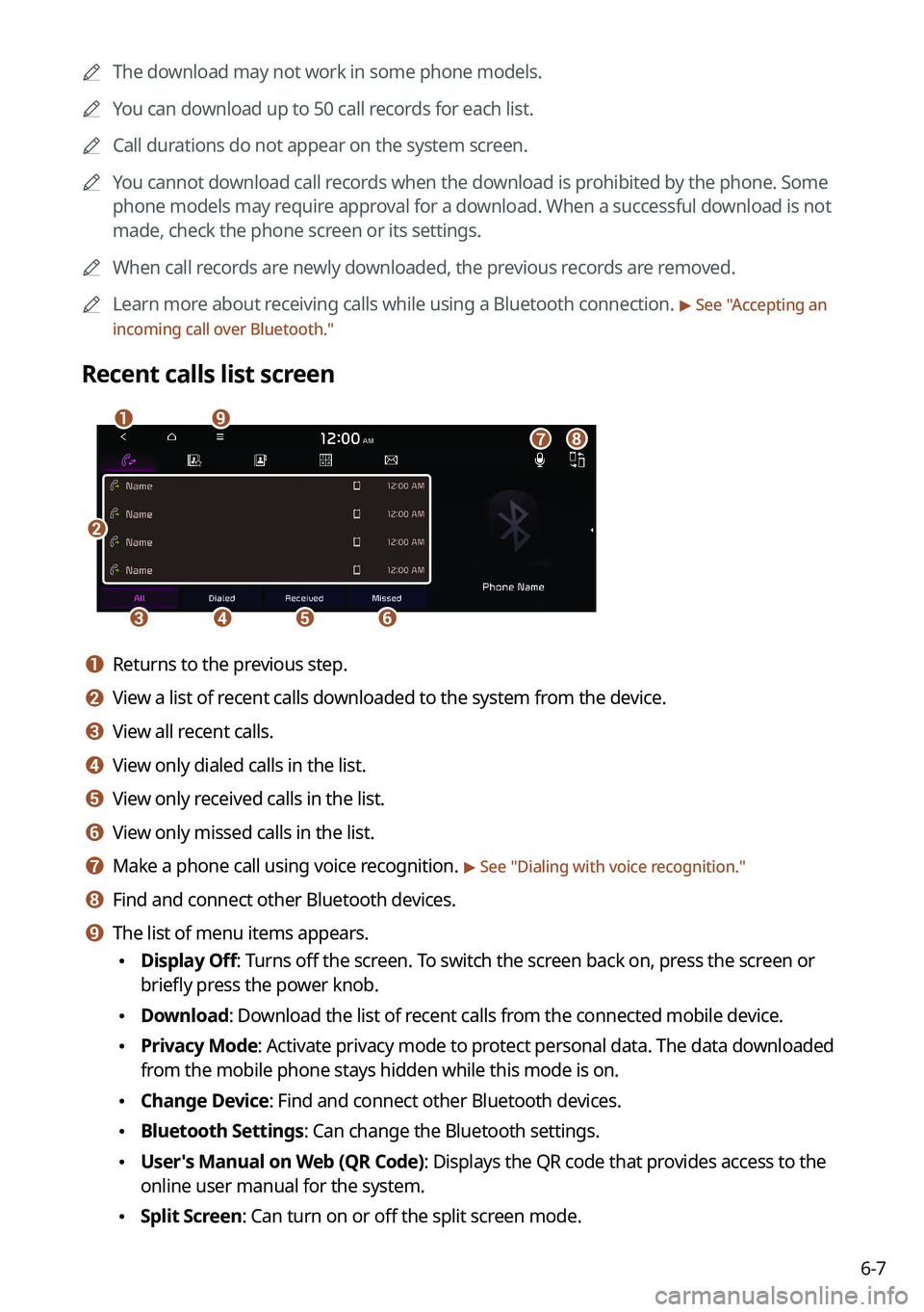 KIA SORENTO HYBRID 2021 Navigation System Quick Reference Guide 6-7
0000AThe download may not work in some phone models.
0000AYou can download up to 50 call records for each list.
0000ACall durations do not appear on the system screen.
0000AYou cannot download cal KIA SORENTO HYBRID 2021 Navigation System Quick Reference Guide 6-7
0000AThe download may not work in some phone models.
0000AYou can download up to 50 call records for each list.
0000ACall durations do not appear on the system screen.
0000AYou cannot download cal