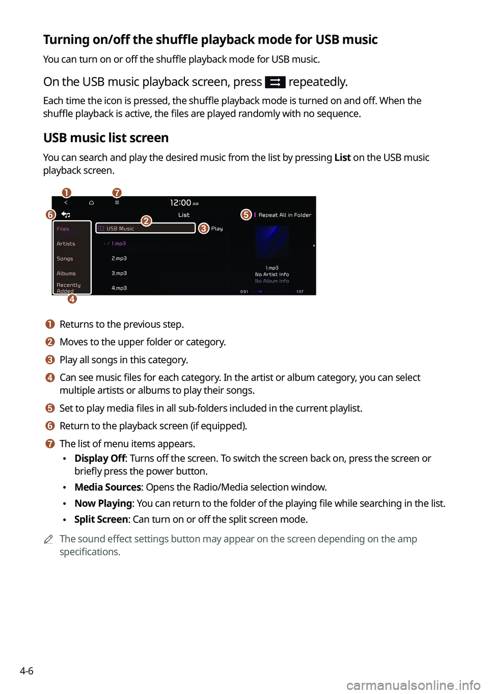 KIA SORENTO 2022  Navigation System Quick Reference Guide 4-6
Turning on/off the shuffle playback mode for USB music 
You can turn on or off the shuffle playback mode for USB music.
On the USB music playback screen, press  repeatedly.
Each time the icon is p