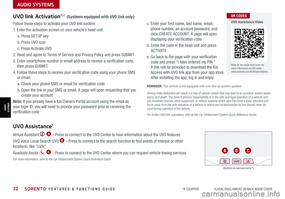 KIA SORENTO 2021  Features and Functions Guide *IF EQUIPPED                     †LEGAL DISCL AIMERS ON BACK INSIDE COVER32SORENTO  FEATURES & FUNCTIONS GUIDE
AUDIO SYSTEMS
AUDIOSYSTEMS
UVO link Activation*†1 (Systems equipped with UVO link onl