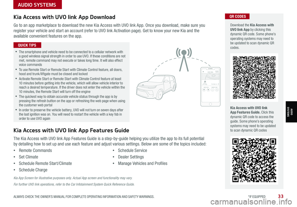 KIA SORENTO 2021  Features and Functions Guide ALWAYS CHECK THE OWNER’S MANUAL FOR COMPLETE OPER ATING INFORMATION AND SAFET Y WARNINGS.  *IF EQUIPPED33
AUDIO SYSTEMS
AUDIOSYSTEMS
Kia Access with UVO link App DownloadQR CODES
Kia Access with UVO