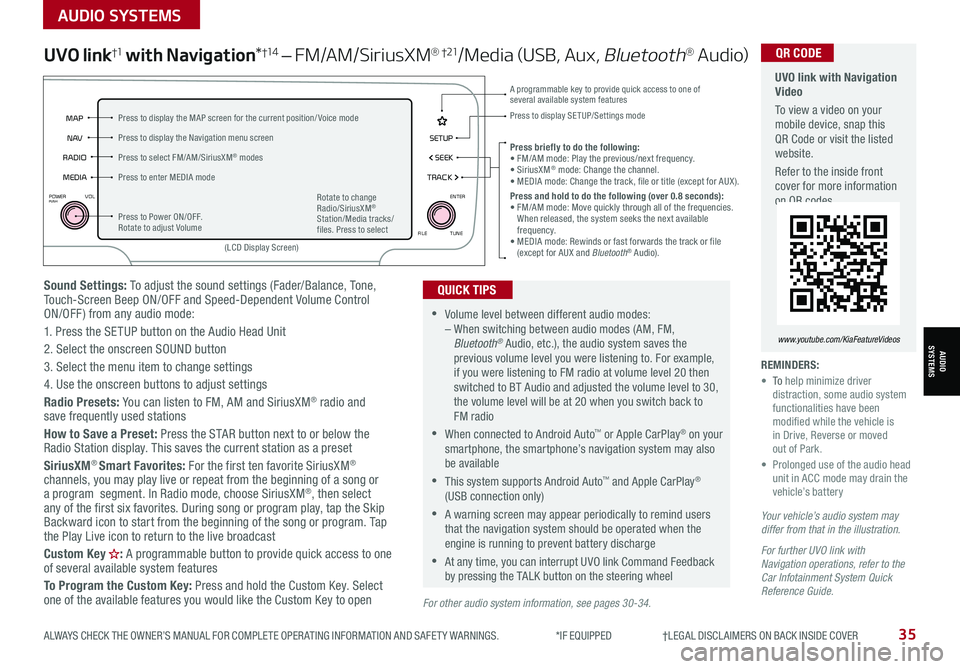 KIA SORENTO 2021  Features and Functions Guide ALWAYS CHECK THE OWNER’S MANUAL FOR COMPLETE OPER ATING INFORMATION AND SAFET Y WARNINGS.  *IF EQUIPPED                     †LEGAL DISCL AIMERS ON BACK INSIDE COVER35
AUDIO SYSTEMS
AUDIOSYSTEMS
So