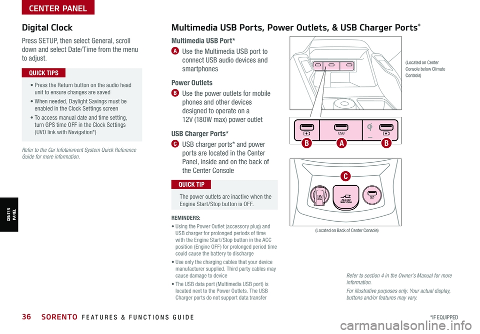 KIA SORENTO 2021  Features and Functions Guide *IF EQUIPPED36SORENTO  FEATURES & FUNCTIONS GUIDE
Multimedia USB Ports, Power Outlets, & USB Charger Ports* Digital Clock
Press SETUP, then select General, scroll 
down and select Date/ Time from the 