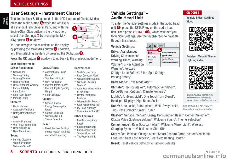 KIA SORENTO 2021 Features and Functions Guide *IF EQUIPPED8SORENTO FEATURES & FUNCTIONS GUIDE
To enter the User Settings mode in the LCD Instrument Cluster Modes,
press the Mode button A when the vehicle is
at a standstill, shift lever in Park KIA SORENTO 2021 Features and Functions Guide *IF EQUIPPED8SORENTO FEATURES & FUNCTIONS GUIDE
To enter the User Settings mode in the LCD Instrument Cluster Modes,
press the Mode button A when the vehicle is
at a standstill, shift lever in Park