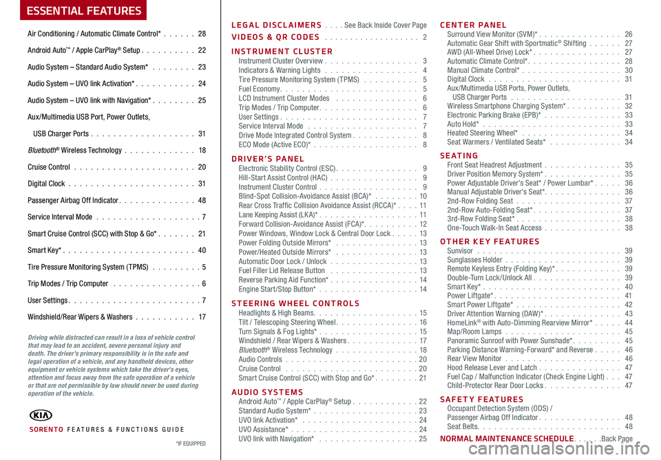 KIA SORENTO 2020  Features and Functions Guide LEGAL DISCLAIMERS  .  .  .  . See Back Inside Cover Page
VIDEOS & QR CODES  . . . . . . . . . . . . . . . . . . .  2
INSTRUMENT CLUSTERInstrument Cluster Overview . . . . . . . . . . . . . . . . .  3I