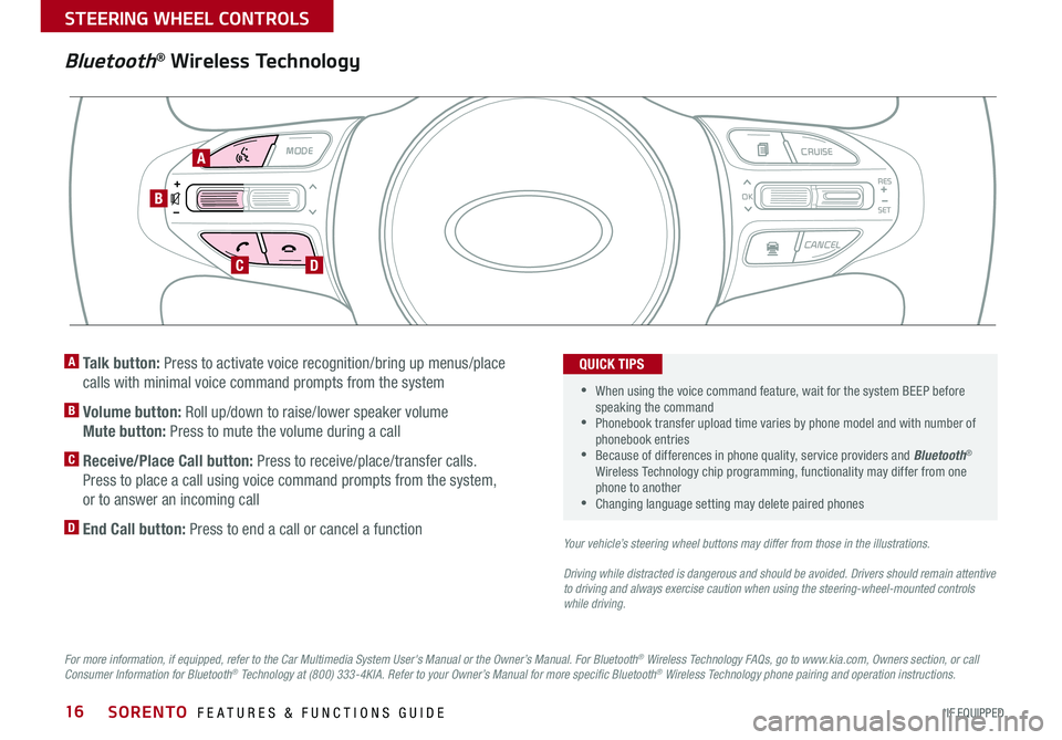 KIA SORENTO 2018  Features and Functions Guide SORENTO  FEATURES & FUNCTIONS GUIDE16*IF EQUIPPED 
Bluetooth® Wireless Technology
For more information, if equipped, refer to the Car Multimedia System User's Manual or the Owner’s Manual. For 