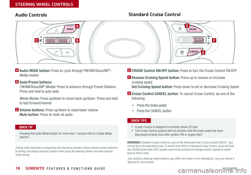 KIA SORENTO 2018  Features and Functions Guide SORENTO  FEATURES & FUNCTIONS GUIDE18*IF EQUIPPED 
MODE  CRUISE
CANCEL 
RES
OK
SET
REMINDER: Standard Cruise Control is a part of the Advanced Smart Cruise Control (ASCC)*  and can be set as the opera
