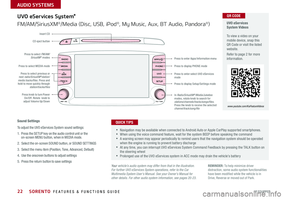 KIA SORENTO 2018  Features and Functions Guide SORENTO  FEATURES & FUNCTIONS GUIDE22*IF EQUIPPED 
AUDIO SYSTEMS 
RADIO
CD-INMAP
MEDIASEEK
TRACK
PWR VOL FILETUNE
PHONE
APPS
UVO
SETUP
UVO eServices System*
FM/AM/SiriusXM®/Media (Disc, USB, iPod®, 