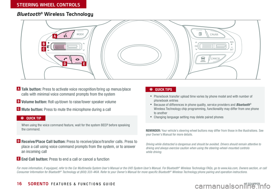 KIA SORENTO 2016  Features and Functions Guide 16
Bluetooth® Wireless Technology
For more information, if equipped, refer to the Car Multimedia System User's Manual or the UVO System User’s Manual. For Bluetooth® Wireless Technology FAQs, 