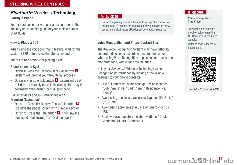KIA SORENTO 2016  Features and Functions Guide 17
  Voice Recognition  Tips Video   To view a video on your mobile device, snap this QR Code or visit the listed website .
Refer to page 2 for more information  .
   QR CODE
www.KuTechVideos.com/um13