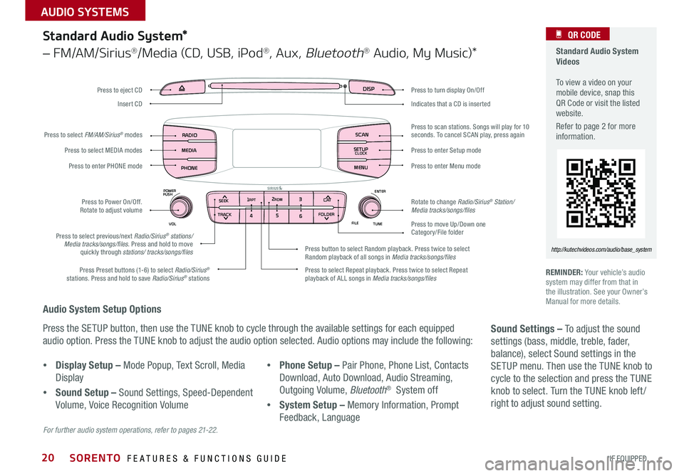 KIA SORENTO 2016  Features and Functions Guide 20
Audio System Setup Options
Press the SETUP button, then use the TUNE knob to cycle through the available settings for each equipped 
audio option . Press the TUNE knob to adjust the audio option se