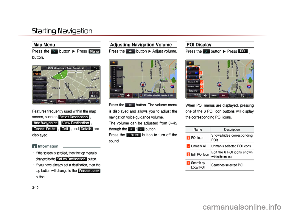 KIA SORENTO 2014 Navigation System Quick Reference Guide 3-10
Map Menu
Press the > button ▶ Press Menu
button.
Features frequently used within the map
screen, such as
Set as Destination ,
Add Waypoint , View Destination ,
Cancel Route , Call , and D KIA SORENTO 2014 Navigation System Quick Reference Guide 3-10
Map Menu
Press the > button ▶ Press Menu
button.
Features frequently used within the map
screen, such as
Set as Destination ,
Add Waypoint , View Destination ,
Cancel Route , Call , and D