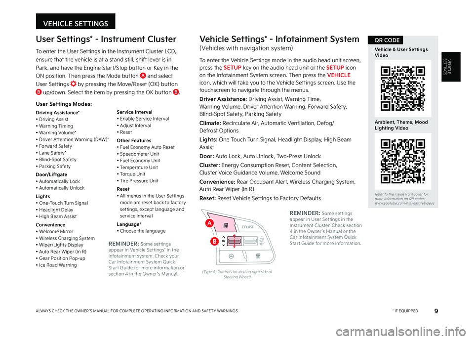 KIA SELTOS 2023  Features and Functions Guide VEHICLE SETTINGS
9 *IF EQUIPPEDALWAYS CHECK THE OWNER ’S MANUAL FOR COMPLETE OPER ATING INFORMATION AND SAFET Y WARNINGS  
VEHICLESETTINGS
User Settings Modes:
Driving Assistance*• Driving Assist