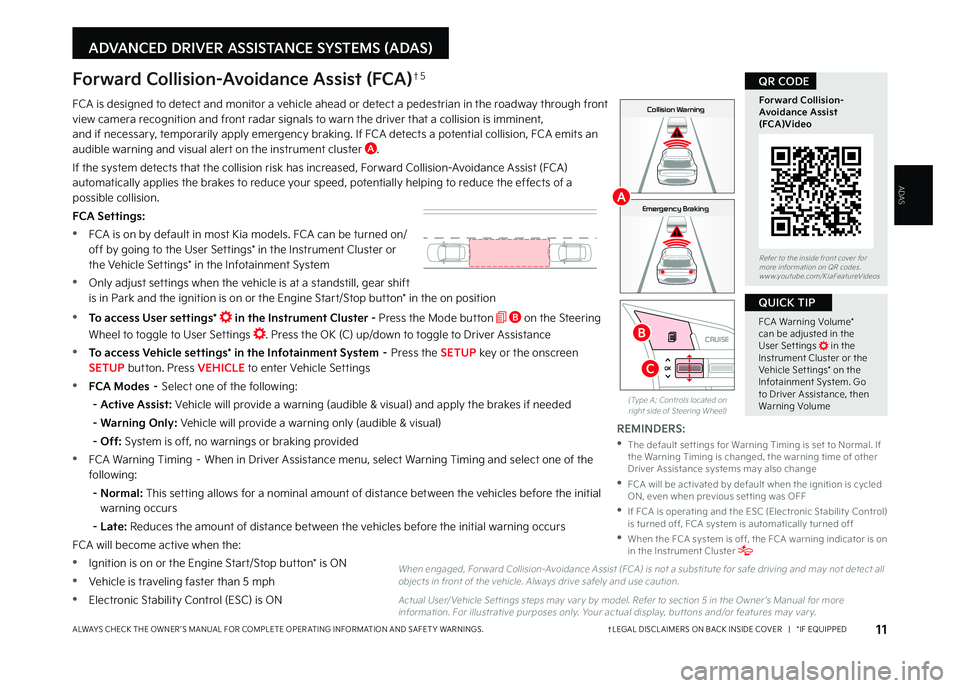 KIA SELTOS 2023  Features and Functions Guide 11†LEGAL DISCL AIMERS ON BACK INSIDE COVER   |   *IF EQUIPPEDALWAYS CHECK THE OWNER ’S MANUAL FOR COMPLETE OPER ATING INFORMATION AND SAFET Y WARNINGS  
ADAS
RES
SET
CNCL+
–
CRUISE
OK
RESSET
CNC