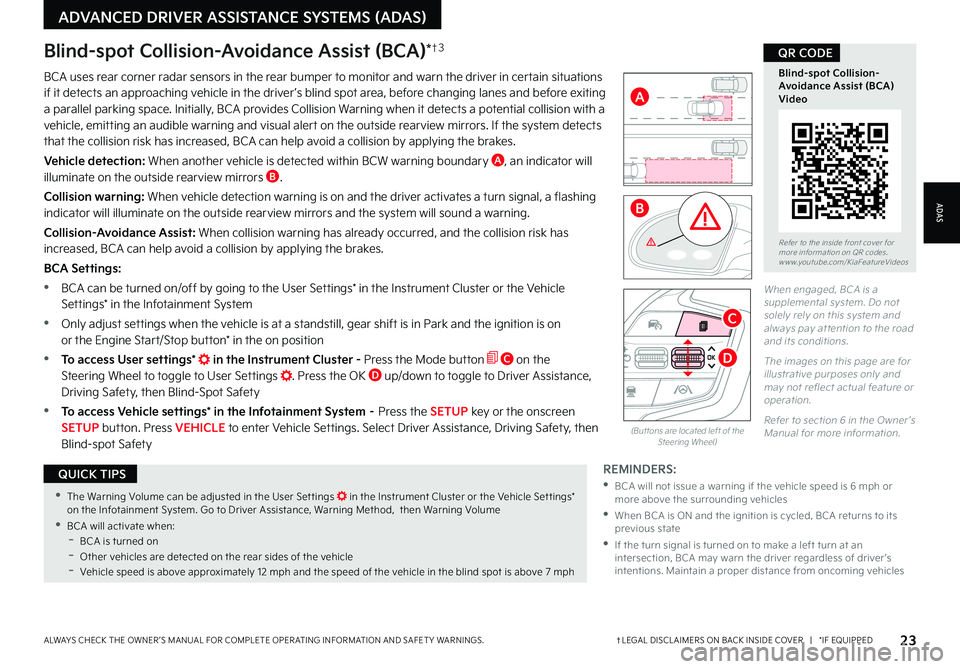 KIA NIRO PHEV 2023  Features and Functions Guide 23†LEGAL DISCL AIMERS ON BACK INSIDE COVER   |   *IF EQUIPPEDALWAYS CHECK THE OWNER ’S MANUAL FOR COMPLETE OPER ATING INFORMATION AND SAFET Y WARNINGS  
ADAS
ADVANCED DRIVER ASSISTANCE SYSTEMS (AD