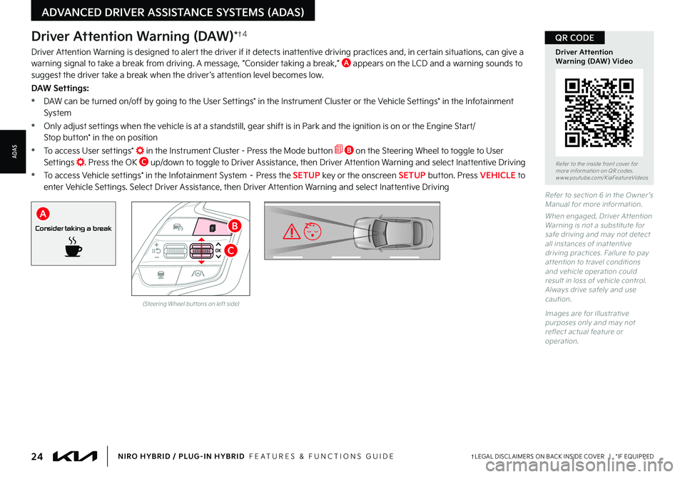 KIA NIRO PHEV 2023  Features and Functions Guide 24†LEGAL DISCL AIMERS ON BACK INSIDE COVER   |   *IF EQUIPPEDNIRO HYBRID / PLUG-IN HYBRID  FEATURES & FUNCTIONS GUIDE
Refer to section 6 in the Owner ’s Manual for more information 
When engaged, 