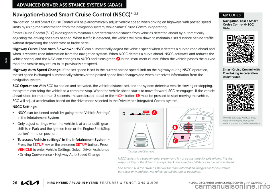 KIA NIRO PHEV 2023  Features and Functions Guide 26†LEGAL DISCL AIMERS ON BACK INSIDE COVER   |   *IF EQUIPPEDNIRO HYBRID / PLUG-IN HYBRID  FEATURES & FUNCTIONS GUIDE
Navigation-based Smart Cruise Control will help automatically adjust vehicle spe