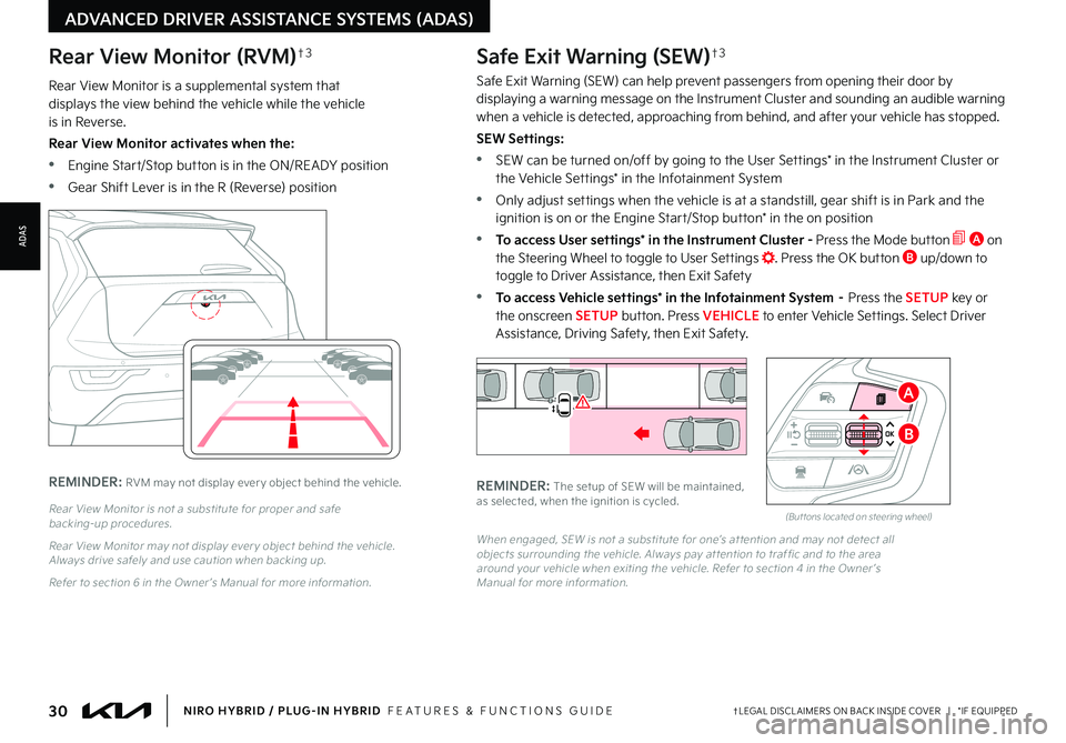 KIA NIRO PHEV 2023 Features and Functions Guide 30†LEGAL DISCL AIMERS ON BACK INSIDE COVER | *IF EQUIPPEDNIRO HYBRID / PLUG-IN HYBRID FEATURES & FUNCTIONS GUIDE
Rear View Monitor is a supplemental system that displays the view behind the ve KIA NIRO PHEV 2023 Features and Functions Guide 30†LEGAL DISCL AIMERS ON BACK INSIDE COVER | *IF EQUIPPEDNIRO HYBRID / PLUG-IN HYBRID FEATURES & FUNCTIONS GUIDE
Rear View Monitor is a supplemental system that displays the view behind the ve
