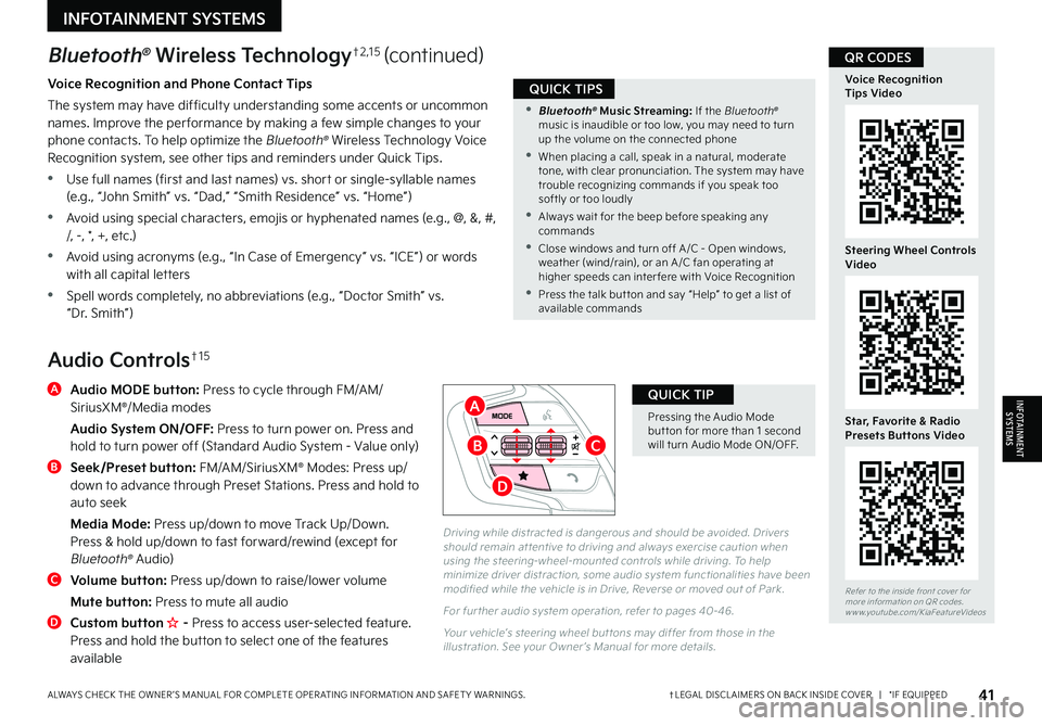KIA NIRO PHEV 2023 Features and Functions Guide 41†LEGAL DISCL AIMERS ON BACK INSIDE COVER | *IF EQUIPPEDALWAYS CHECK THE OWNER ’S MANUAL FOR COMPLETE OPER ATING INFORMATION AND SAFET Y WARNINGS
Pressing the Audio Mode but ton for more th KIA NIRO PHEV 2023 Features and Functions Guide 41†LEGAL DISCL AIMERS ON BACK INSIDE COVER | *IF EQUIPPEDALWAYS CHECK THE OWNER ’S MANUAL FOR COMPLETE OPER ATING INFORMATION AND SAFET Y WARNINGS
Pressing the Audio Mode but ton for more th